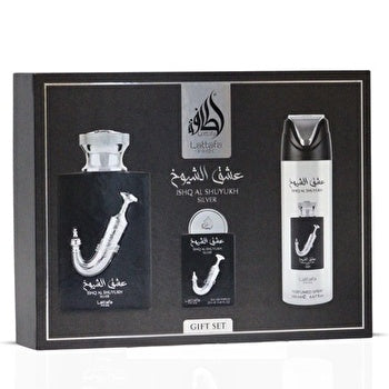 Lattafa Perfumes Ishq Al Shuyukh Silver Gift Set Eau De Parfum 100ml Deospray 200ml And Eau De Parfum 20ml 100ml