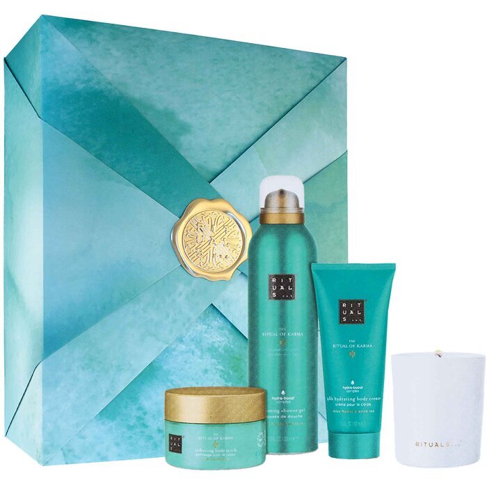 Rituals Karma Set 48h Hydrating Body Cream 100ml/scented Candle 140ml/softening Body Scrub 125ml/foaming Shower Gel 200ml 565ml