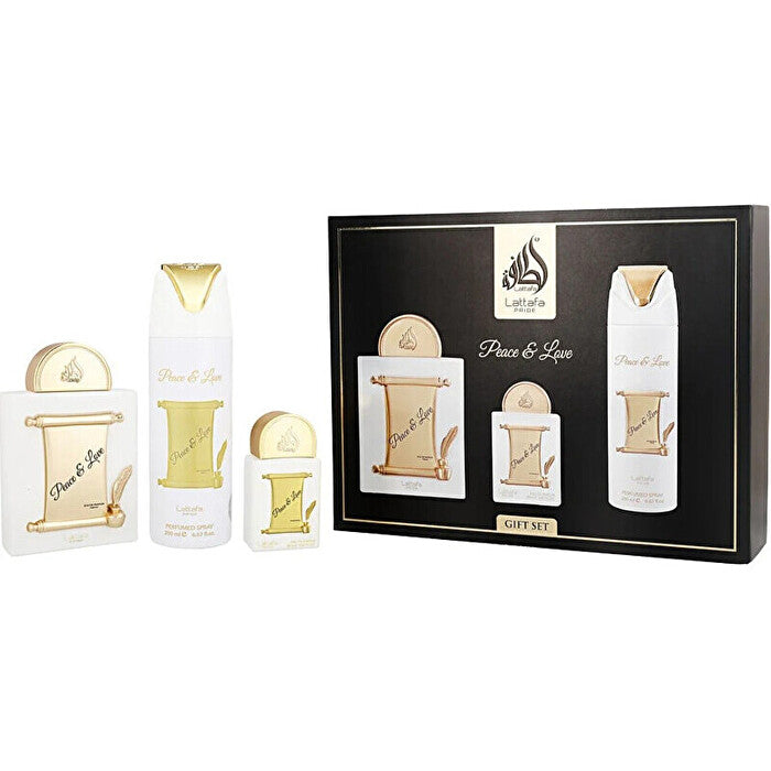 Lattafa Perfumes Peace & Love Gift Set Eau De Parfum 100ml Eau De Parfum 20ml And Deospray 100ml