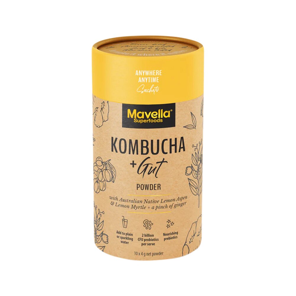 Mavella Superfoods Kombucha + Gut Powder with Australian Native Lemon Aspen & Lemon Myrtle & Ginger Sachet 4g x 10 Pack