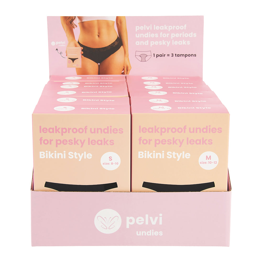 Pelvi Underwear Leakproof Bikini Black Mixed Sizes x 12 Display (contains: 2 of each size)