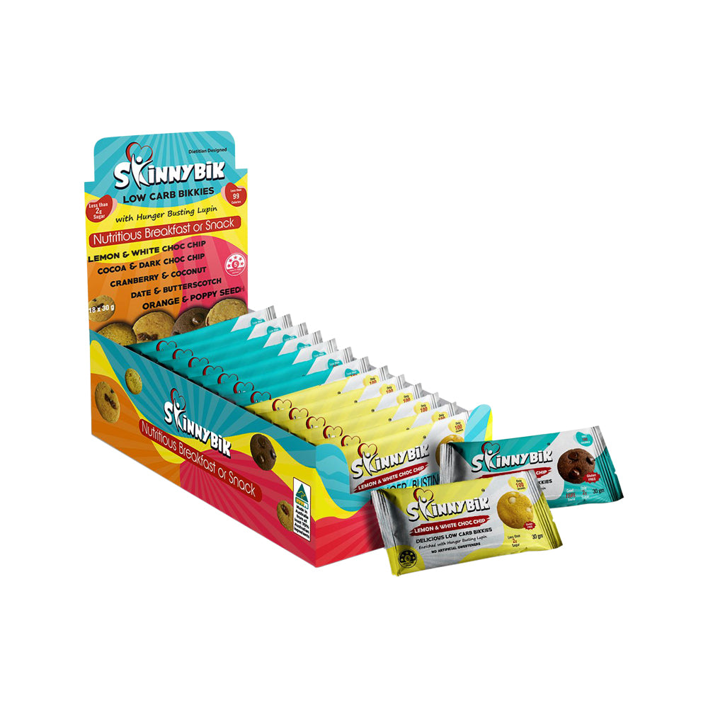 Skinnybik Gluten Free Biscuits Mixed Flavours (2 x 15g) x 18 Display (contains: Lemon White Choc Chip & Cocoa Dark Choc Chip)
